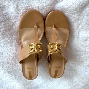 Sam Edelman Nude/Tan Patent Leather Wedge Sandal with Gold Hardware